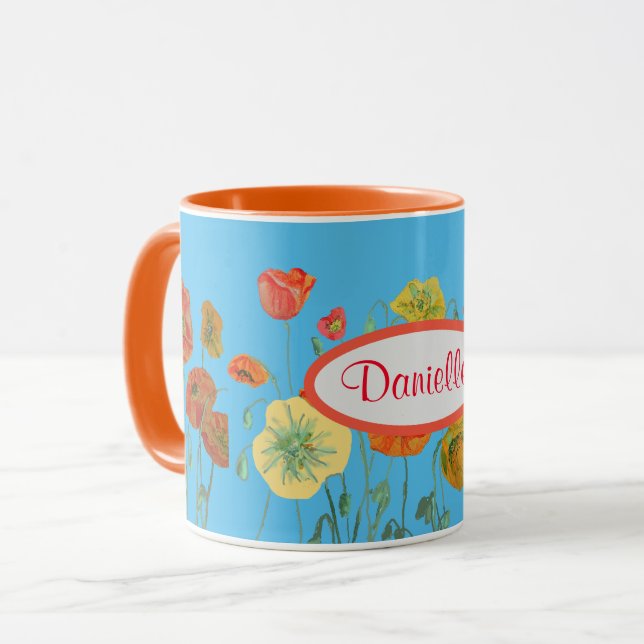 Orange Blue Shabby Poppy Poppies Watercolor Mug (Front Left)