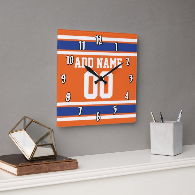 Orange Blue Sports Jersey with Name and Number Square Wall Clock (Office)