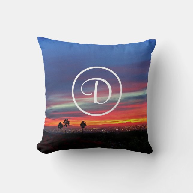 Orange blue sunset coastal photo custom monogram throw pillow (Front)