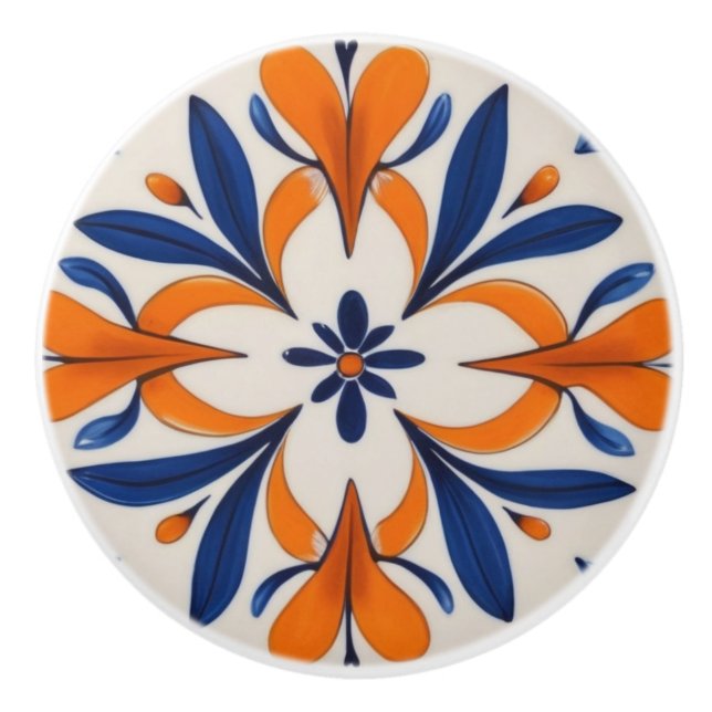 Orange & Blue Symmetrical Abstract Mediterranean Ceramic Knob (Front)
