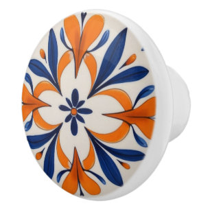 Orange & Blue Symmetrical Abstract Mediterranean Ceramic Knob