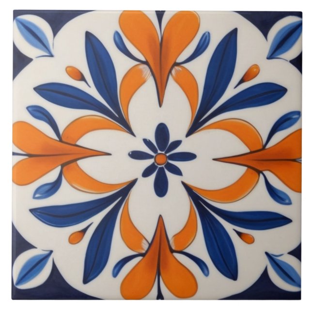Orange & Blue Symmetrical Abstract Mediterranean Tile (Front)