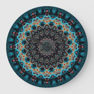 Orange Blue Teal Black Mandala Boho Art Large Clock