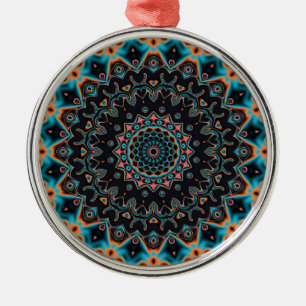 Orange Blue Teal Black Mandala Boho Art Metal Ornament