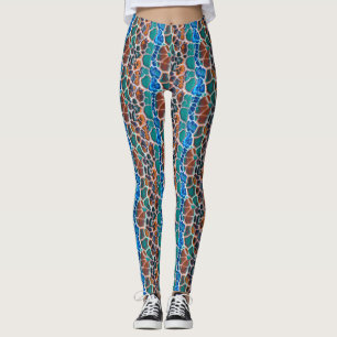 Orange Blue Teal Mosaic Stained Glass Abstraction  Leggings