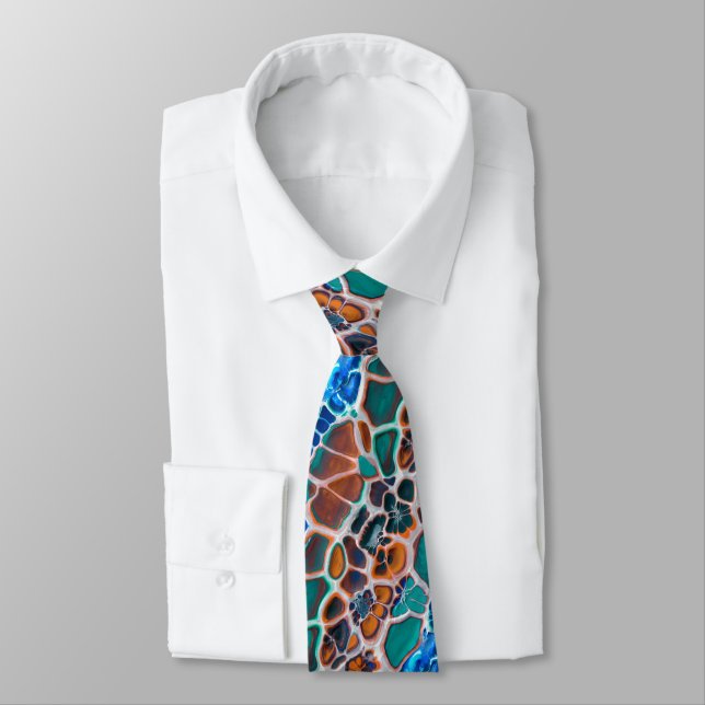 Orange Blue Teal Mosaic Stained Glass Abstraction  Tie (Tied)