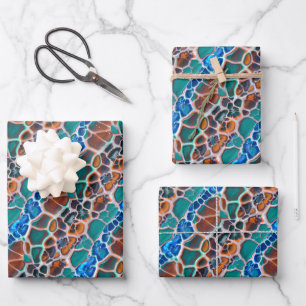 Orange Blue Teal Mosaic Stained Glass Abstraction Wrapping Paper Sheet