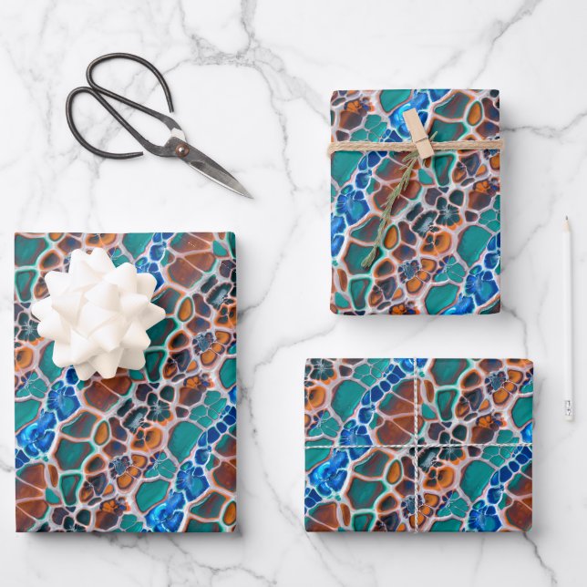 Orange Blue Teal Mosaic Stained Glass Abstraction Wrapping Paper Sheet (Front)