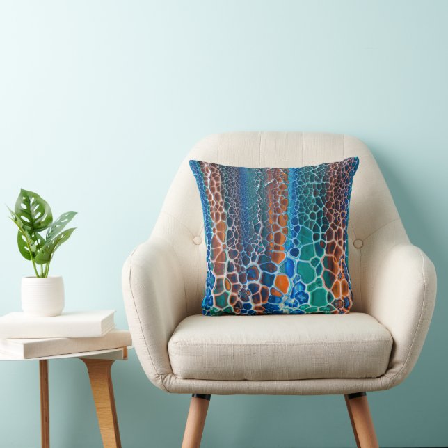 Orange Blue Teal Stained Glass Abstraction Throw Pillow (Chair)