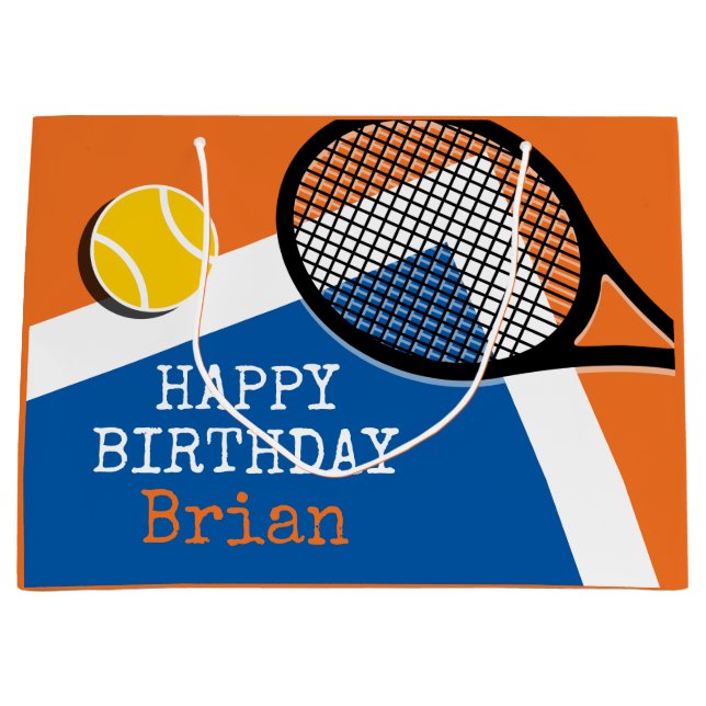 Orange - blue tennis court, customizable large gift bag (Front)
