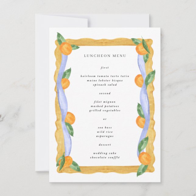Orange Blue White Chinoiserie Luncheon Menu Card (Front)