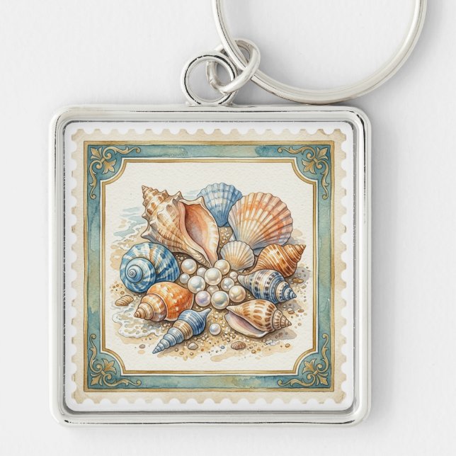ORANGE BLUE WHITE TROPICAL SEASHELLS KEYCHAIN (Front)