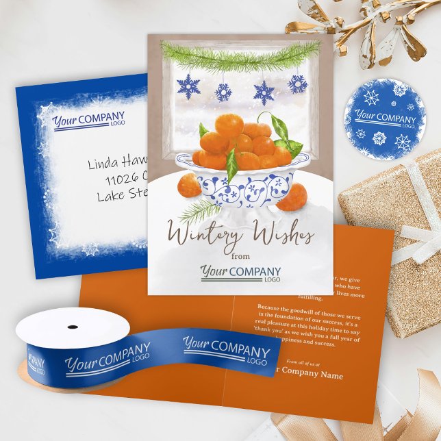 Orange, Blue Winter Christmas Oranges Company Logo Card (winter Christmas oranges, orange and blue company holiday greeting cards, business logo Christmas)