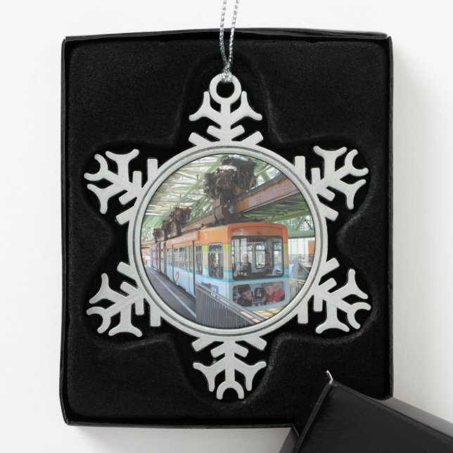Orange Blue Wuppertal Floating Train Snowflake Pewter Christmas Ornament (Box)