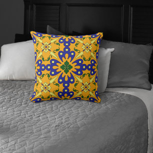 Orange Blue Yellow Spanish Tile Pattern Throw Pillow