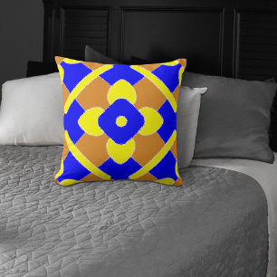 Orange Blue Yellow Spanish Tile Pattern Throw Pillow