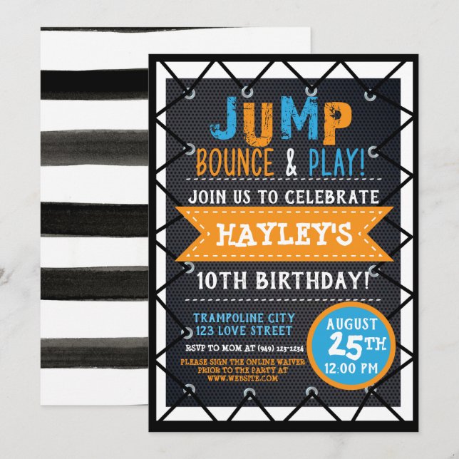 Orange & BlueJump & Play Trampoline Park Bounce Invitation (Front/Back)