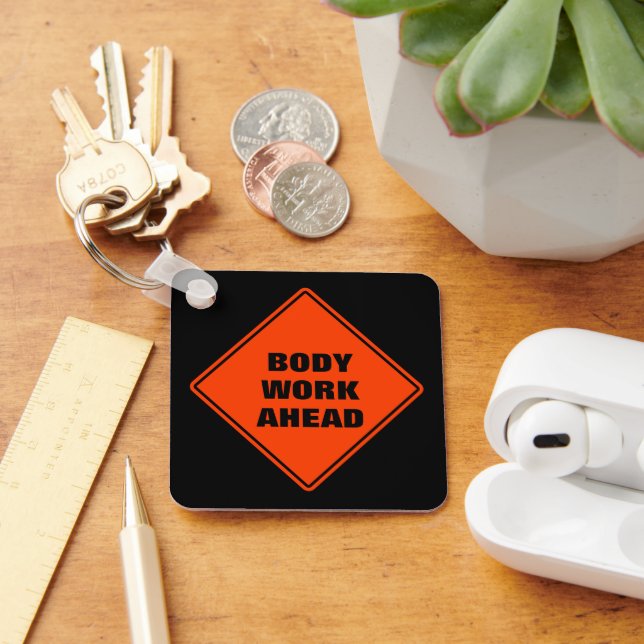Orange body work ahead caution sign personalized keychain (Desk)