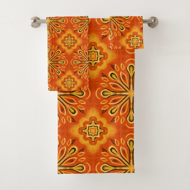Orange Boho Abstract Flower Pattern Decorative Bath Towel Set (Insitu)