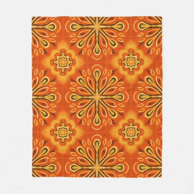 Orange Boho Abstract Flower Pattern Decorative Fleece Blanket (Front)