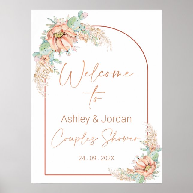 Orange Boho Cactus Couples Affiche de bienvenue do (Devant)