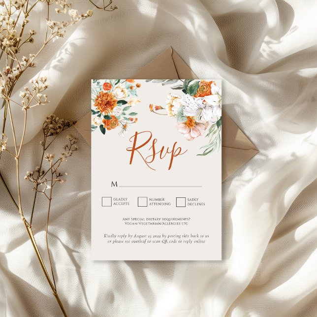 Orange Boho Fall Floral QR Code Wedding RSVP Card (Creator Uploaded)