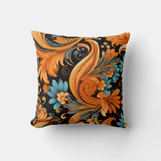 Orange Boho Paisley Seamless Pattern Throw Pillow
