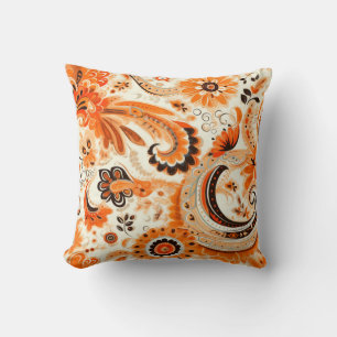 Orange Boho Paisley Seamless Pattern Throw Pillow