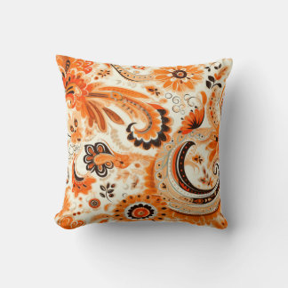 Orange Boho Paisley Seamless Pattern Throw Pillow