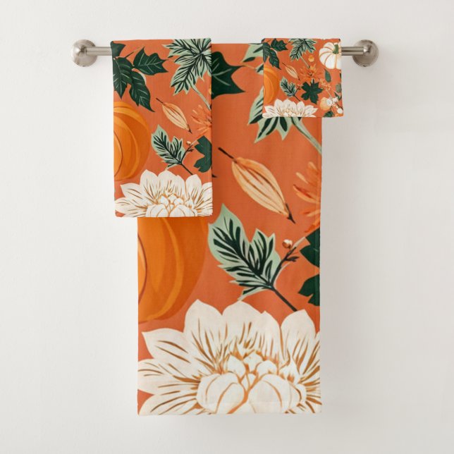 Orange Boho Pumpkin Autumn Floral Pattern Bath Towel Set (Insitu)