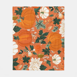 Orange Boho Pumpkin Autumn Floral Pattern Fleece Blanket