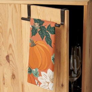 Orange Boho Pumpkin Autumn Floral Pattern Kitchen Towel