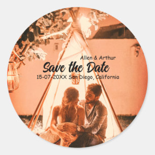 orange boho save the date QR add website name phot Classic Round Sticker