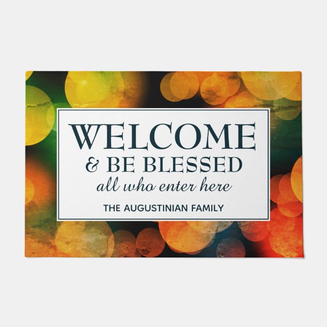Orange Bokeh WELCOME AND BE BLESSED Doormat (Front)