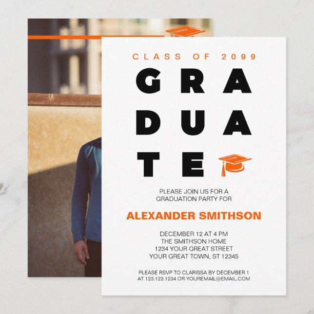 Orange Bold GRADUATE Letters and Cap Graduation Invitation (Front/Back)