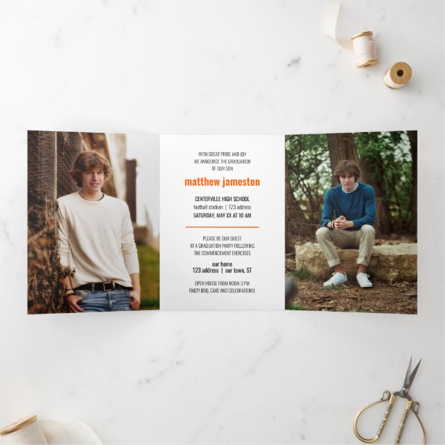 Orange Bold & Modern Photo Graduation Tri-Fold Invitation (Inside)