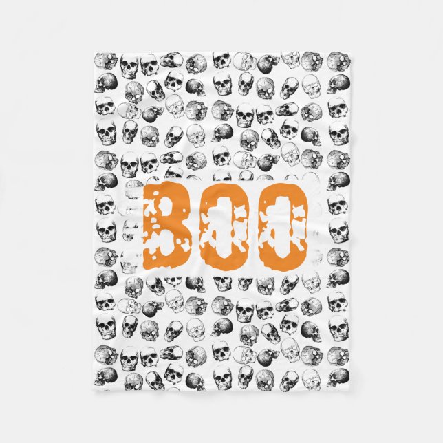 Orange Boo Halloween Spooky Skull Pattern Fleece Blanket (Front)
