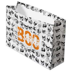 Orange Boo Halloween Spooky Skull Pattern Large Gift Bag