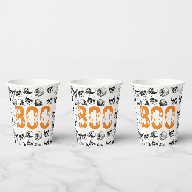Orange Boo Halloween Spooky Skull Pattern  Paper Cups (Multi)