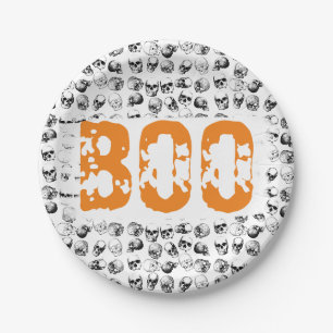 Orange Boo Halloween Spooky Skull Pattern Paper Plate