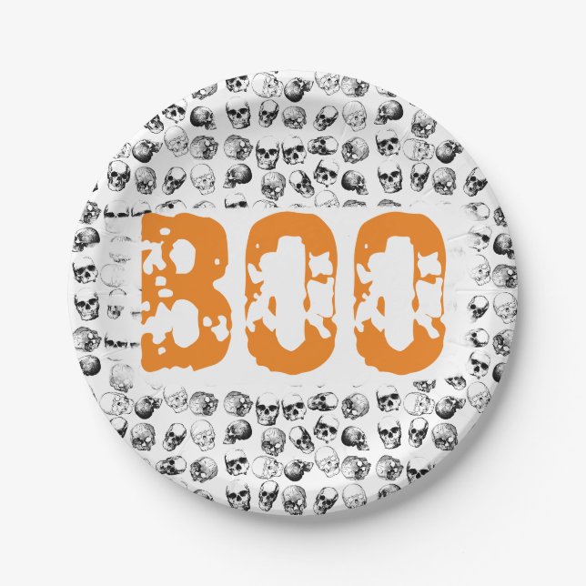 Orange Boo Halloween Spooky Skull Pattern Paper Plate (Front)