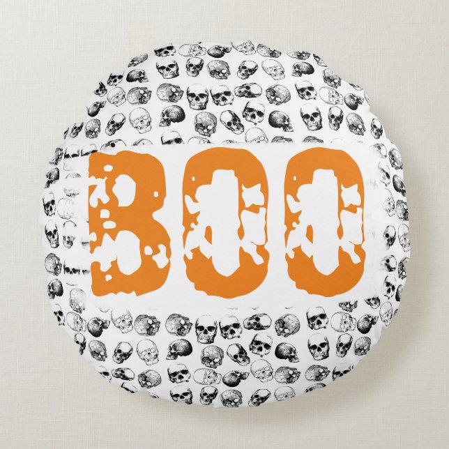 Orange Boo Halloween Spooky Skull Pattern  Round Pillow (Front)