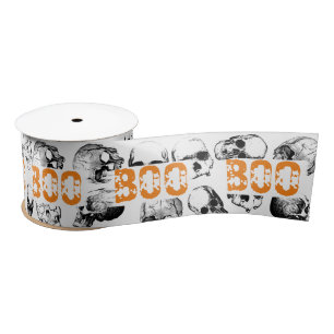 Orange Boo Halloween Spooky Skull Pattern  Satin Ribbon