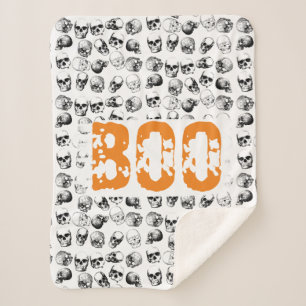Orange Boo Halloween Spooky Skull Pattern  Sherpa Blanket