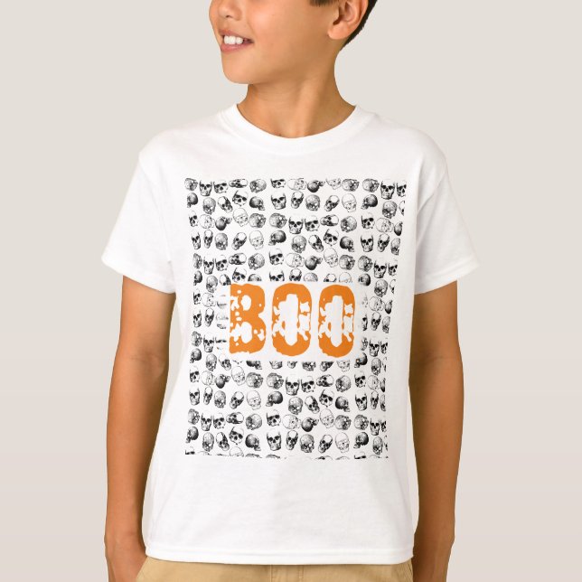 Orange Boo Halloween Spooky Skull Pattern  T-Shirt (Front)