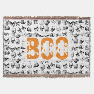 Orange Boo Halloween Spooky Skull Pattern Throw Blanket