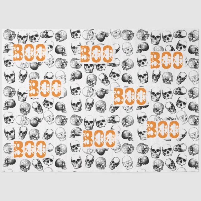 Orange Boo Halloween Spooky Skull Pattern  Tissue Paper (Front)