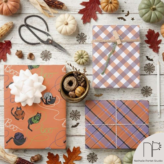 Orange Boo-tifully Tangled Kittens Wrapping Paper Sheet (Hand drawn black cat Halloween gift wrap with colorful yarn balls and festive gingham patterns)
