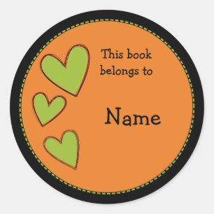 Orange bookplate with green hearts classic round sticker