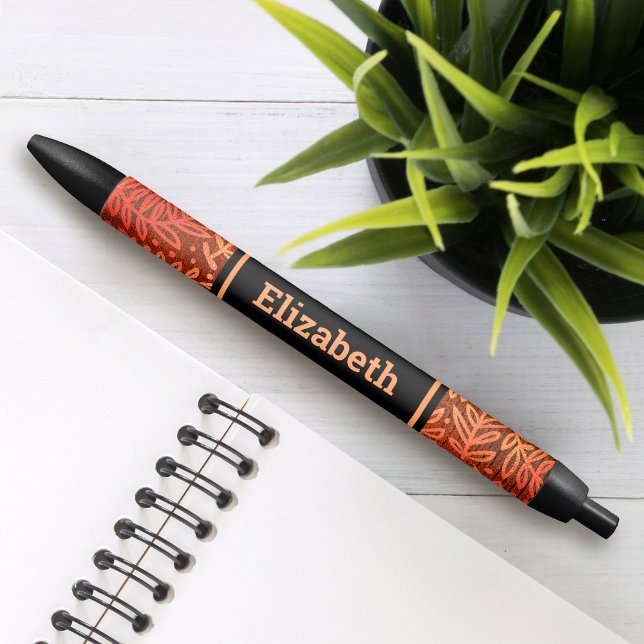 Orange botanical leaf pattern custom name modern black ink pen (Creator Uploaded)